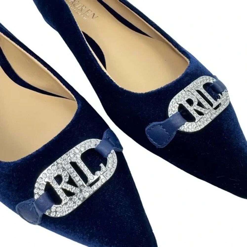 NEW Lauren Ralph Lauren | Lilah Navy Blue Velvet Crystal Logo Pointed Toe Flat - Picture 2 of 11